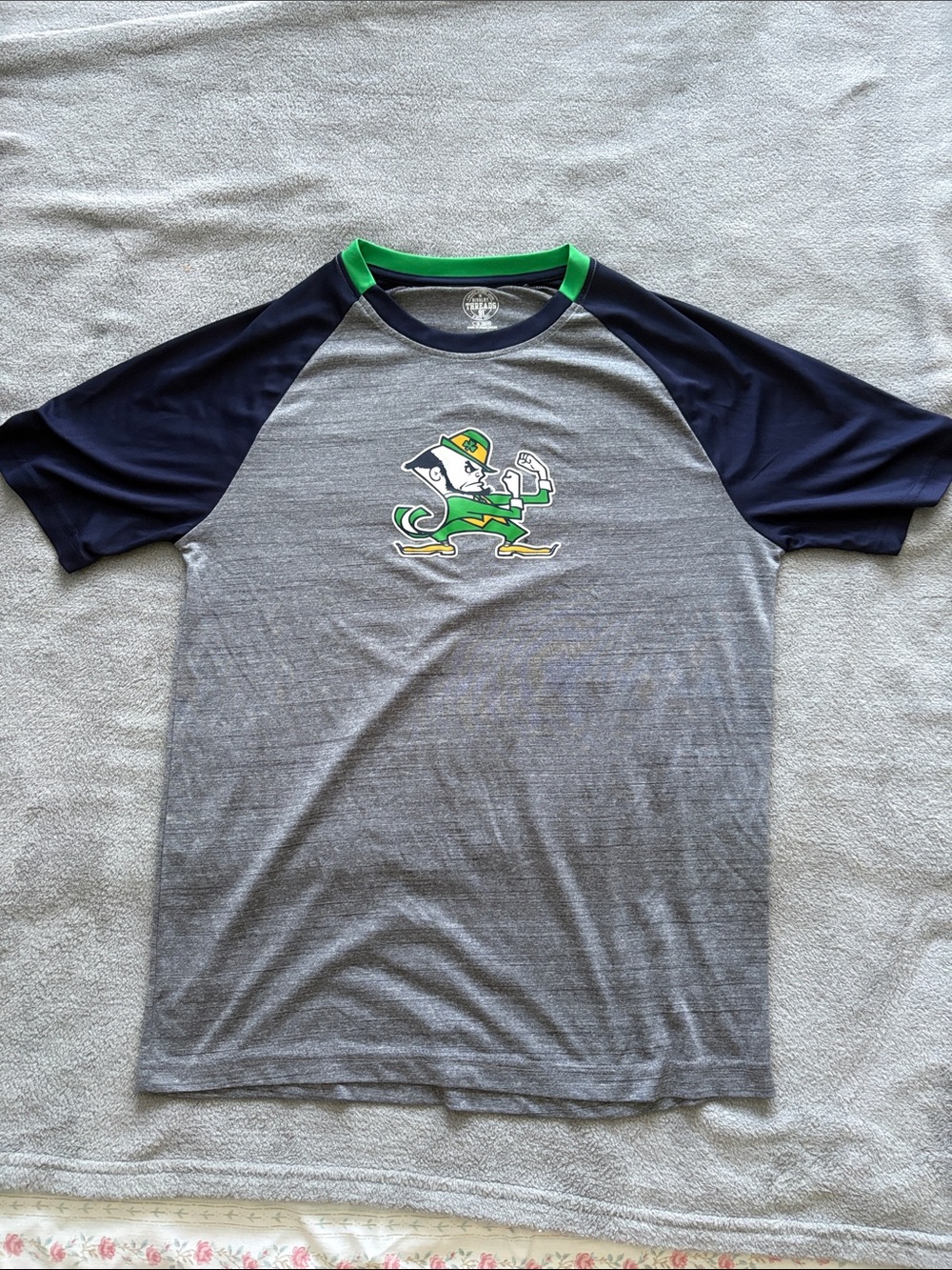 Notre Dame Raglan Sleeve Grey & Navy Tee with Leprechaun Graphic Rivalry Threads